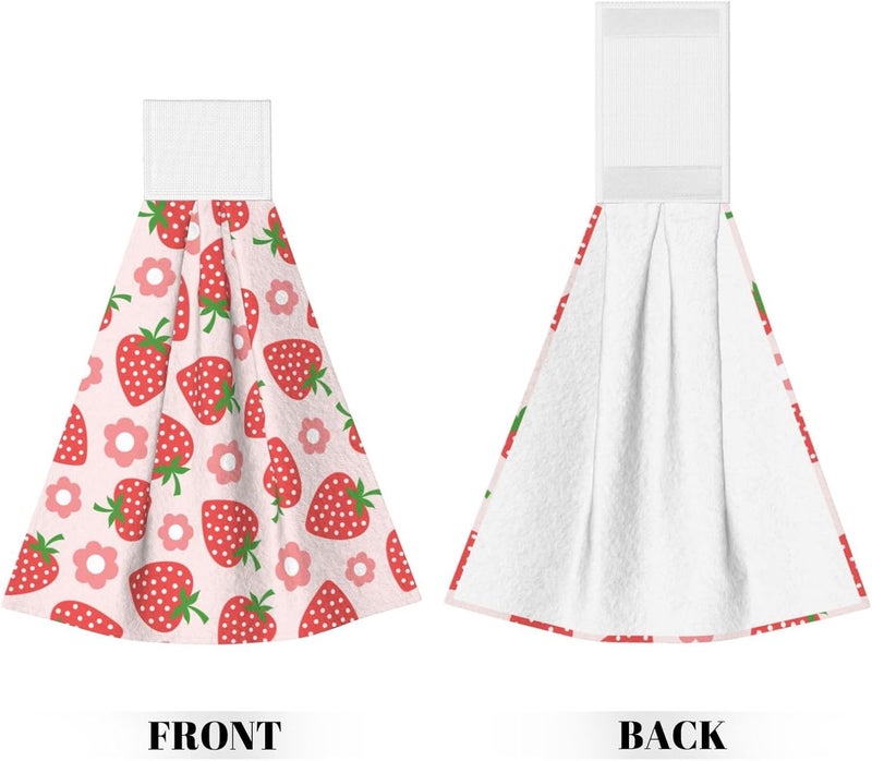 PDDCWAY Cute Red Strawberry Kitchen Hand Towels Spring Pink Flowers Hand Tie Towels Set of 2 PCS Dish Towels with Loops Tea Bar Dish Cloths Towel for Bathroom Home - Image 2